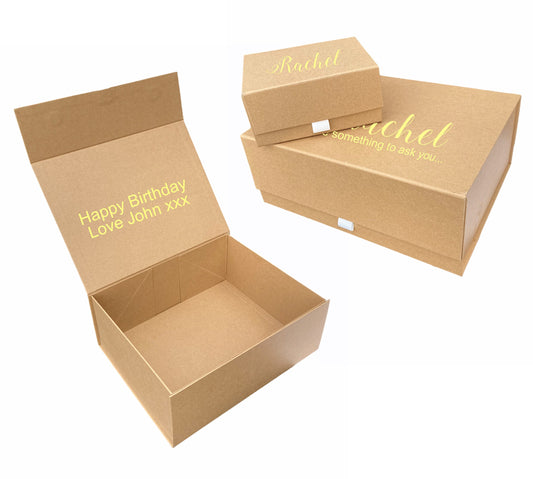 brown kraft Box Personalised gold foil birthday gift hamper box name inside message
