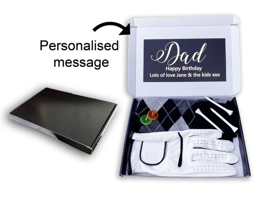 Personalised black golf box postal gift dad grandad fathers day birthday box socks glove custom name