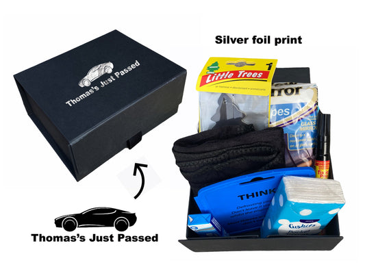 Personalised learning to drive new car gift box silver print mens gift survival kit
