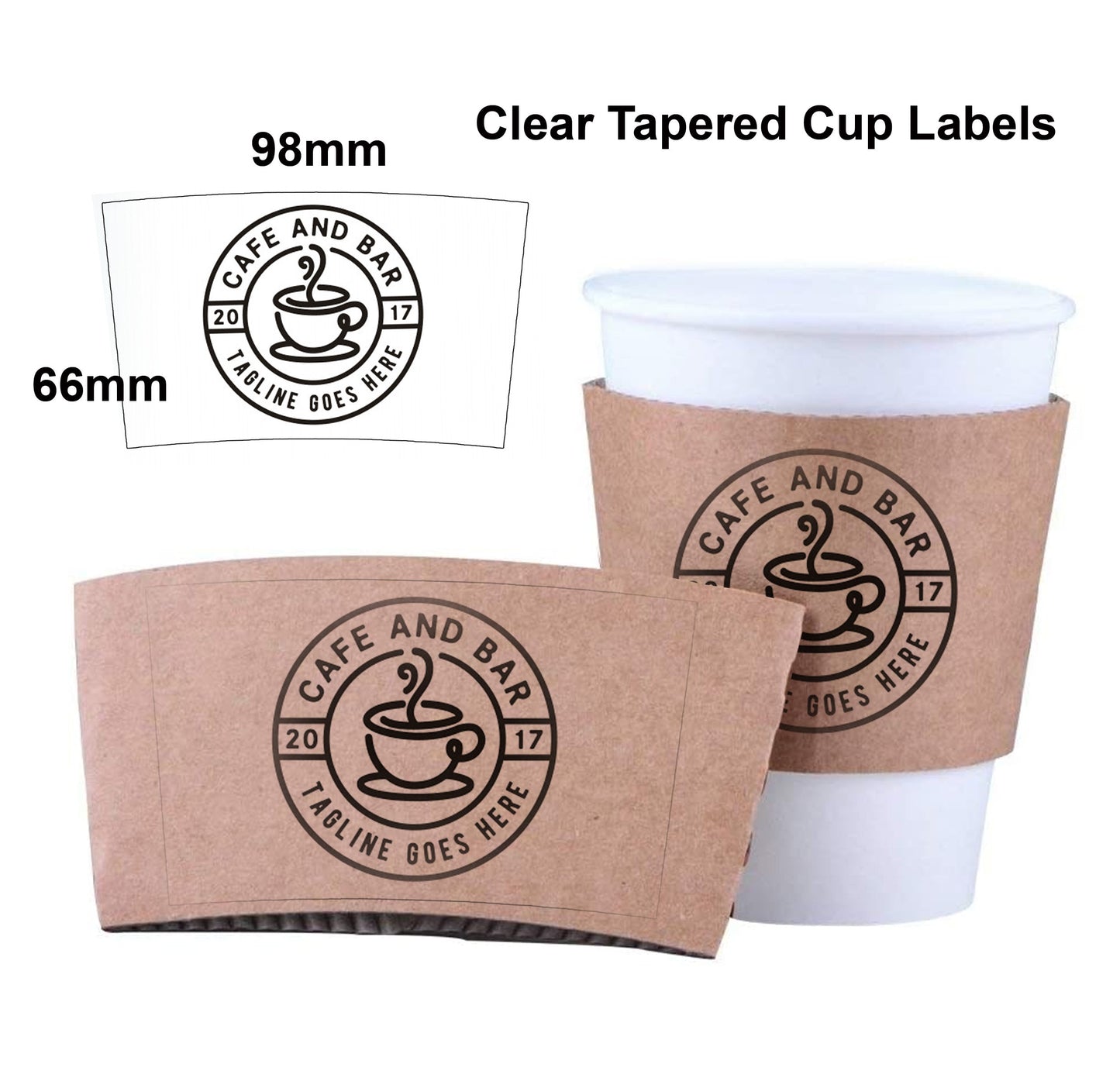 1000 x roll Custom Clear logo Tapered cup labels coffee tea disposable branding curved stickers takeaway