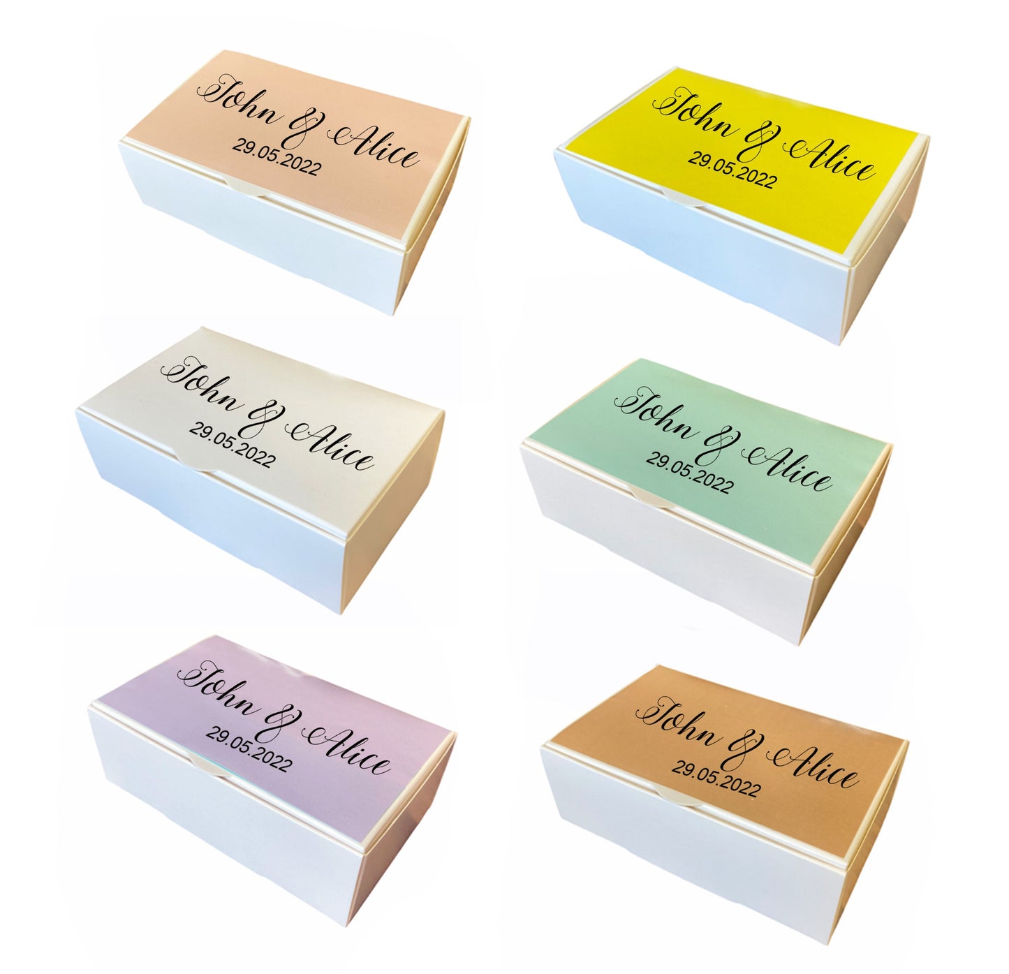 personalised white wedding cake boxes slice custom name labels party favor