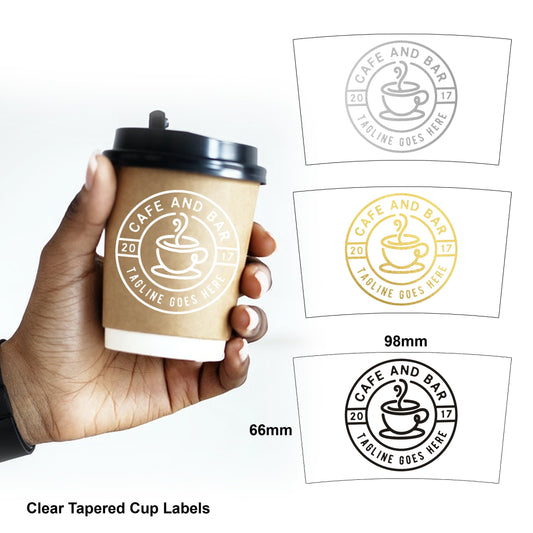 1000 x roll Custom Clear logo Tapered cup labels coffee tea disposable branding curved stickers takeaway