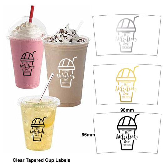 1000 x roll Custom Clear logo Tapered cup labels smoothie milkshake disposable branding curved stickers takeaway