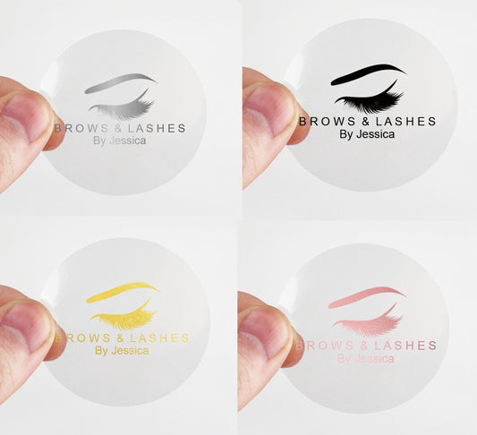 100 x Clear lashes and brows business labels round 45mm 50mm 65mm 90mm stickers silver gold beauty cosmetics business