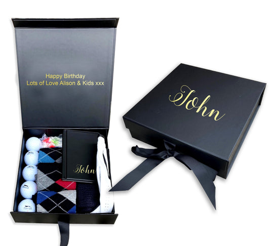 Personalised large black mangetic golf gift box filled socks, balls, towel, glove scorecard mens gift birthday