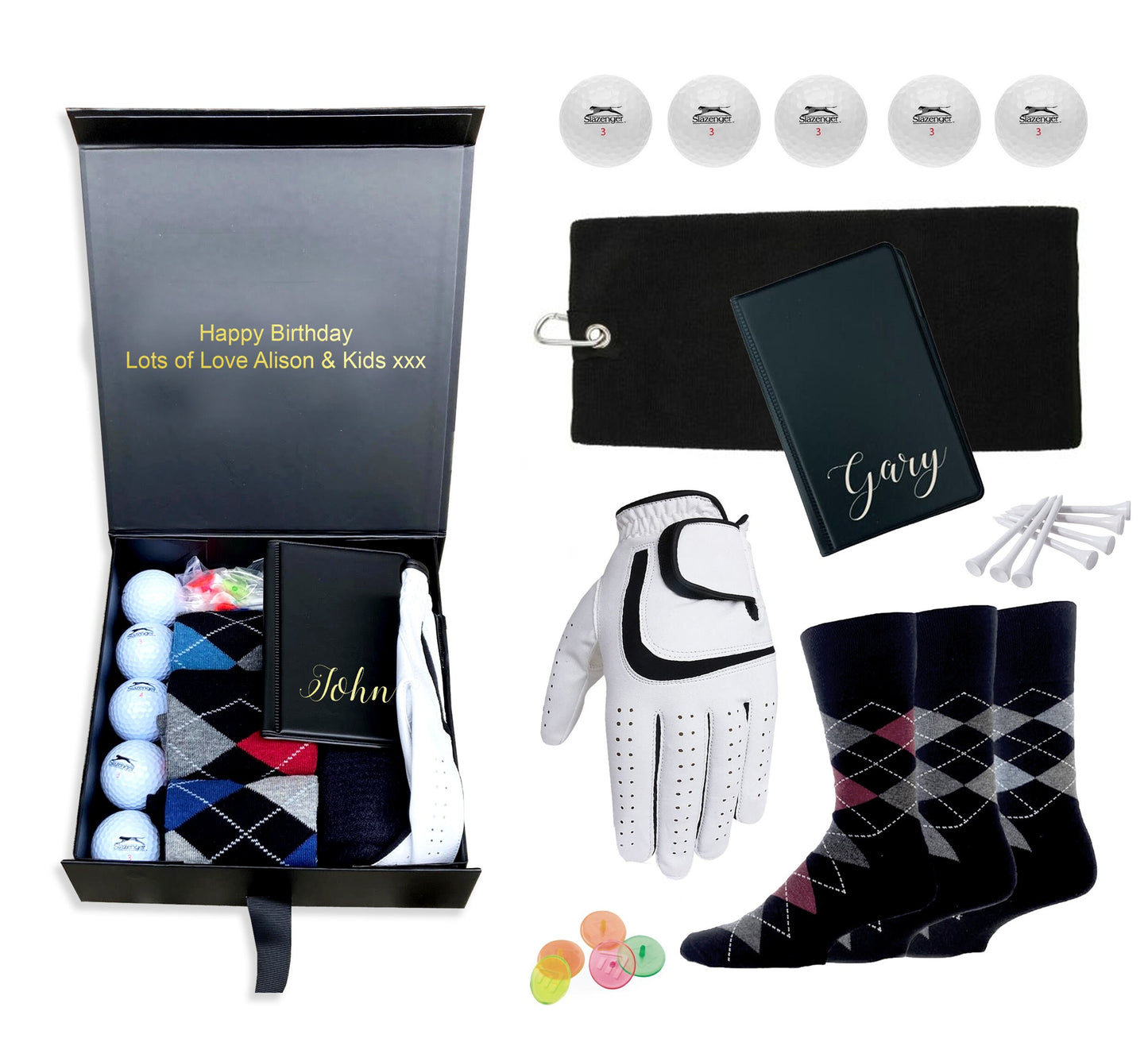 Personalised large black mangetic golf gift box filled socks, balls, towel, glove scorecard mens gift birthday