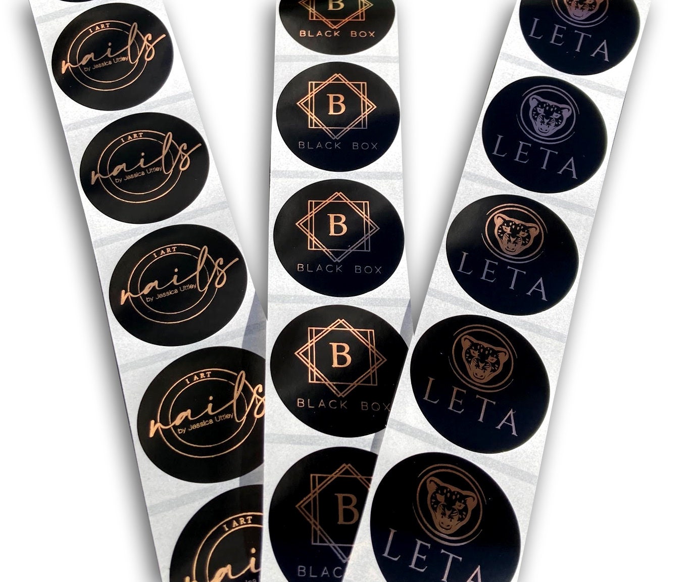 100 x Black personalised metallic foil logo labels business stickers gold silver rose gold shiny