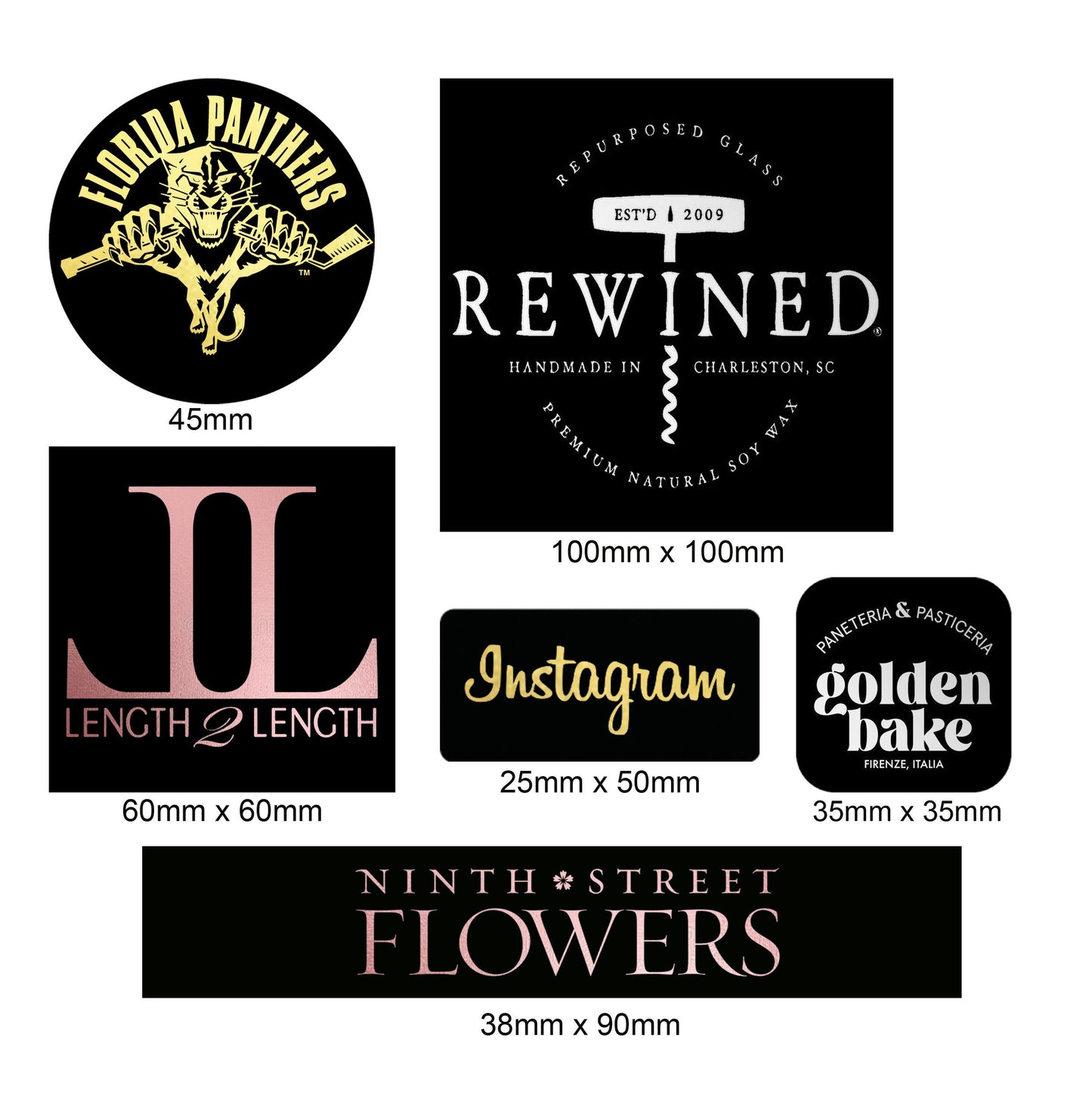 100 x Black personalised metallic foil logo labels business stickers gold silver rose gold shiny