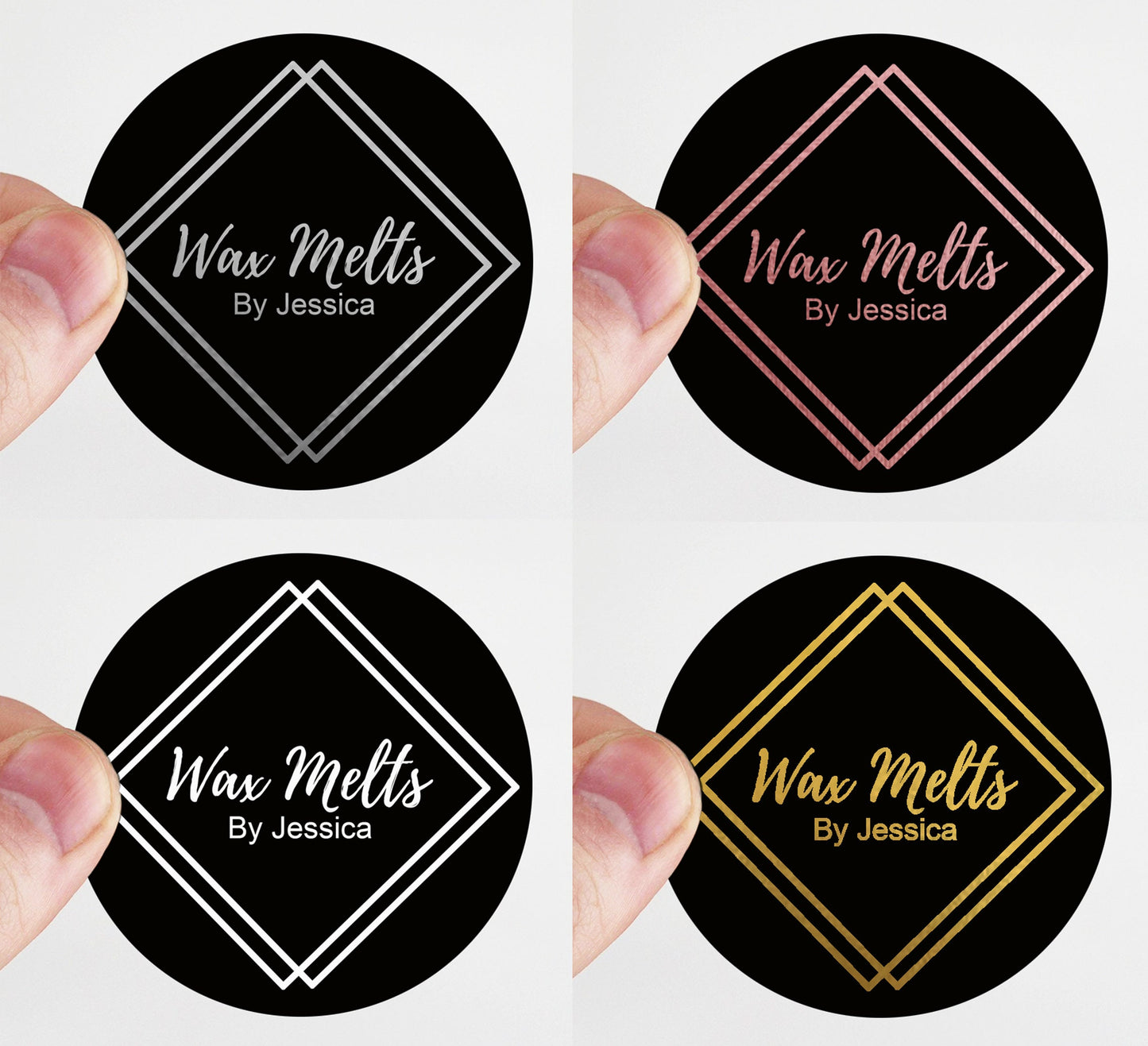 100 x Black personalised metallic foil logo labels business stickers gold silver rose gold shiny