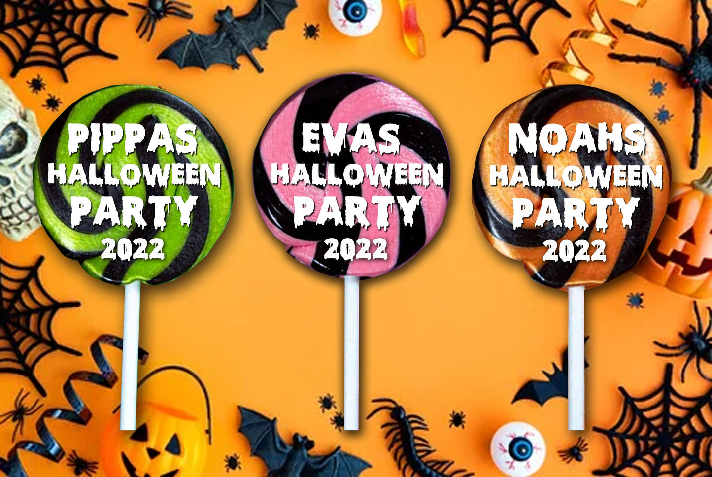 Personalised Halloween lollies lollipops trick or treat party favours custom name orange pink green white print