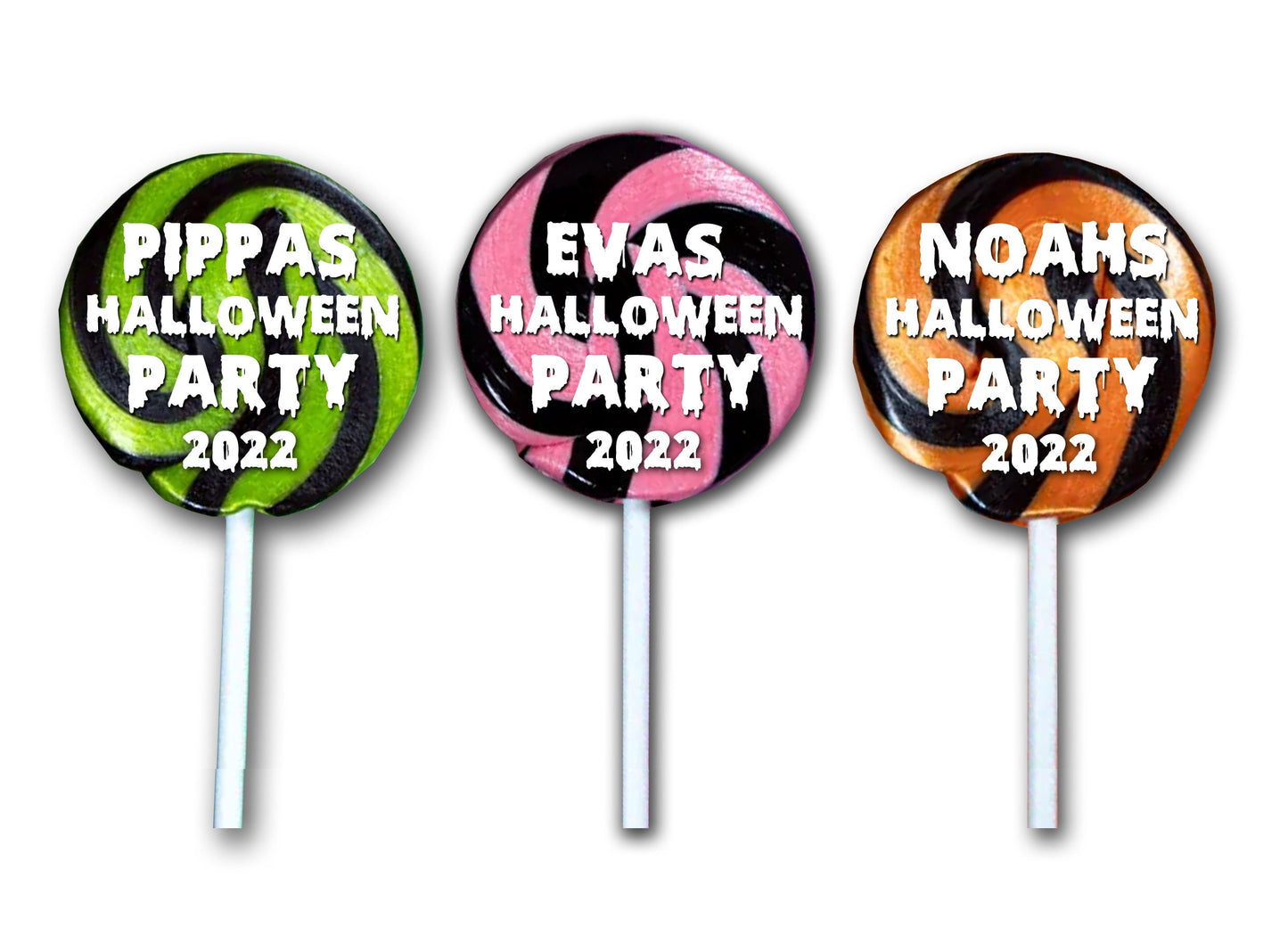 Personalised Halloween lollies lollipops trick or treat party favours custom name orange pink green white print