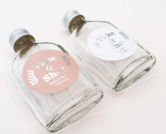 Miniature flask bottle wedding favor Pink / white labels personalised metallic silver foil print bride groom tie the knot