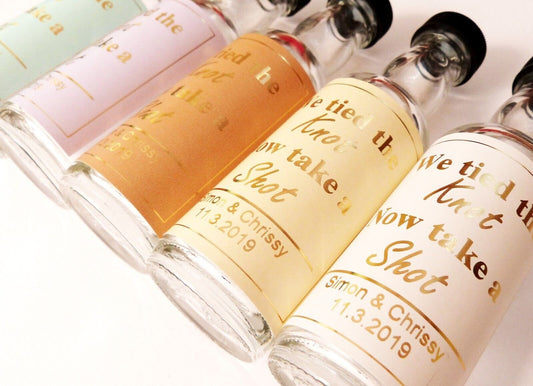 Wedding favour alcohol bottles and personalized gold stickers labels- we tied the knot take a shot