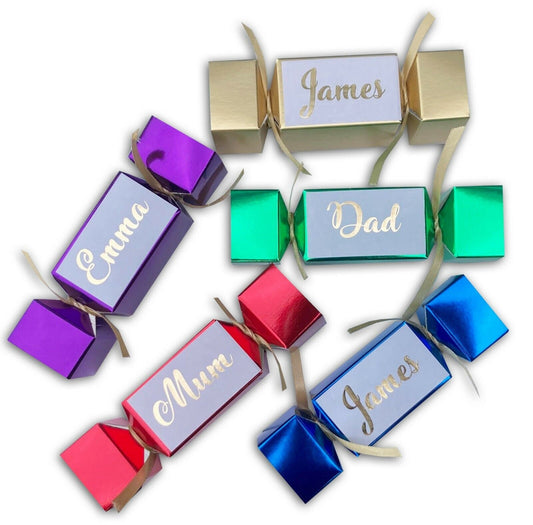 small personalised gold crackers table names favours gift christmas boxes DIY red green blue