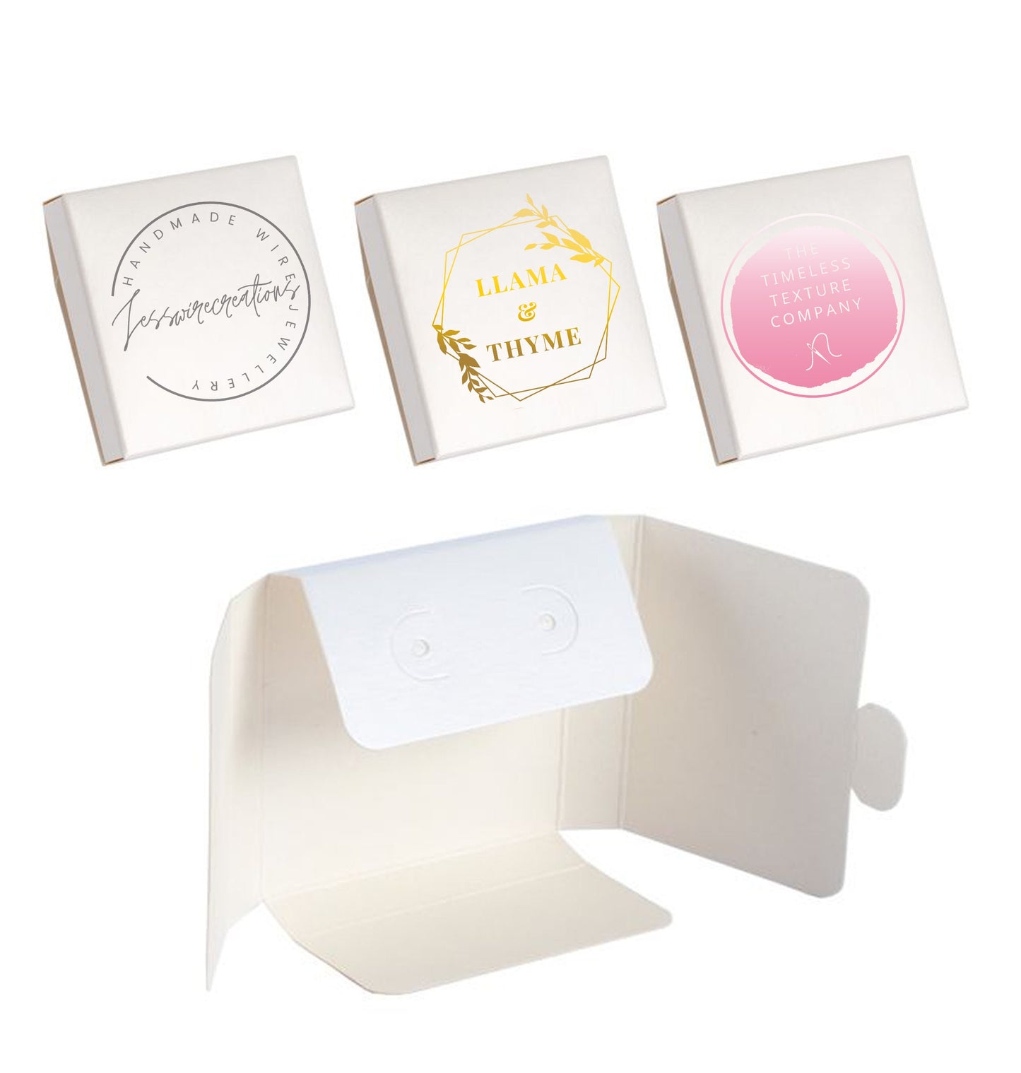 Earring box packaging holder mailer white card with personalised printed logo rose gold silver and gold