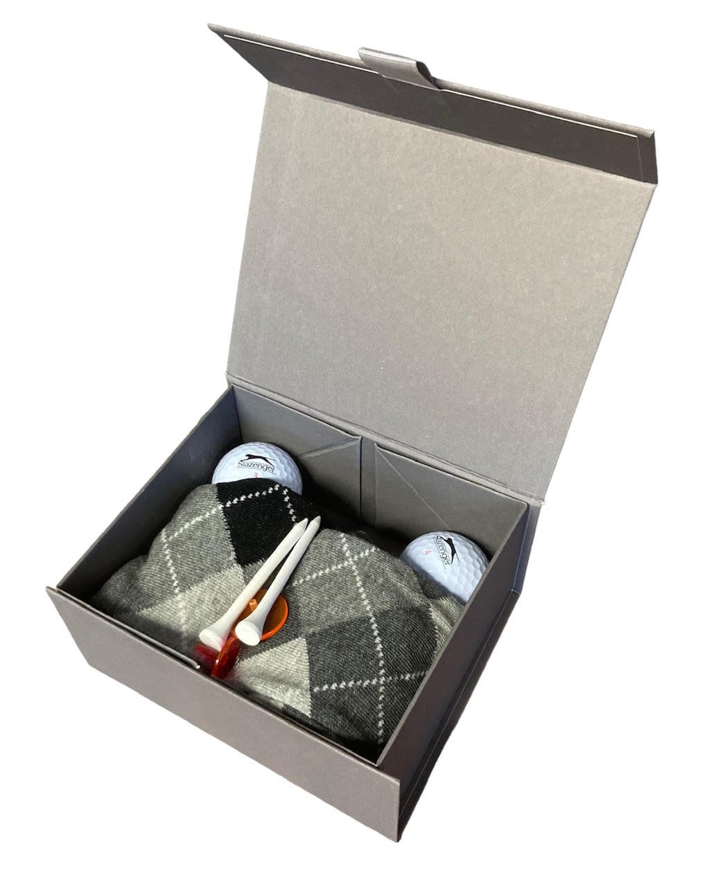 Personalised golf gift box socks, balls, tees, hip flask custom print christmas birthday golfer set