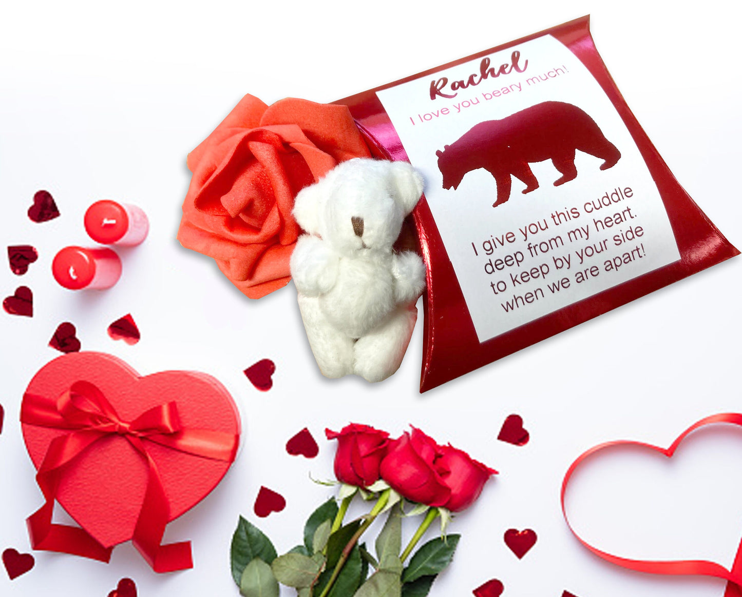 A little pocket bear hug valentines box with bear and rose personalized name and printed poem message