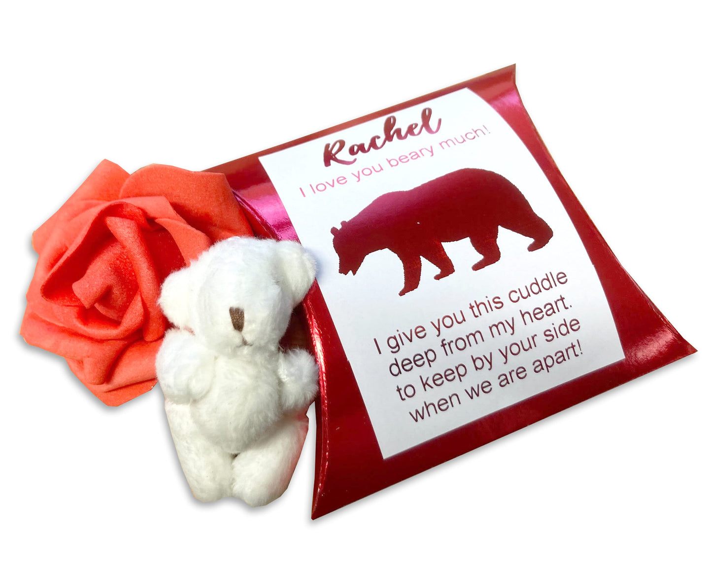 A little pocket bear hug valentines box with bear and rose personalized name and printed poem message