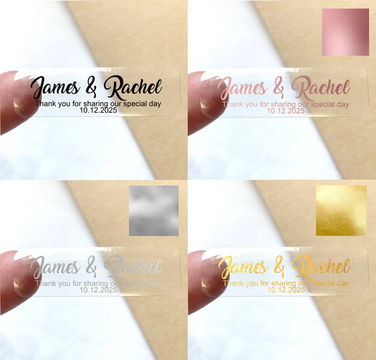 Custom Wedding favour stickers, clear transparent labels, gold, silver, rose gold any text, small favour waterproof stickers
